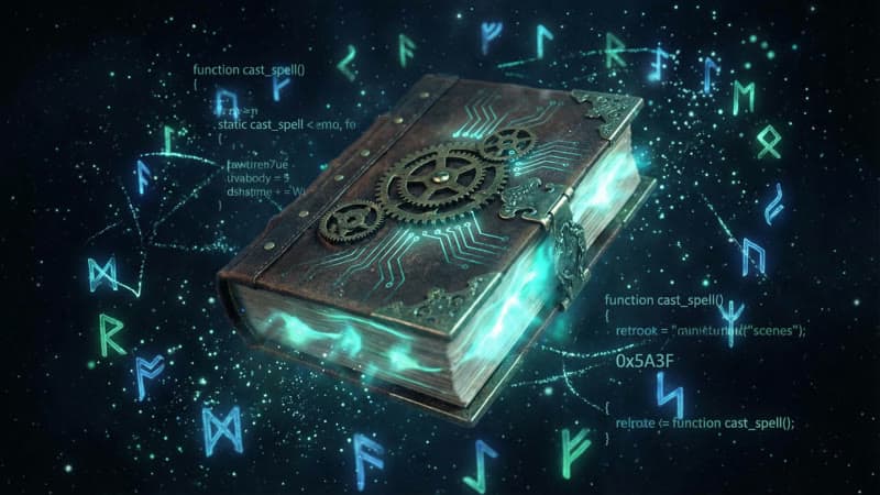 A mystical spellbook with circuit patterns and floating code snippets